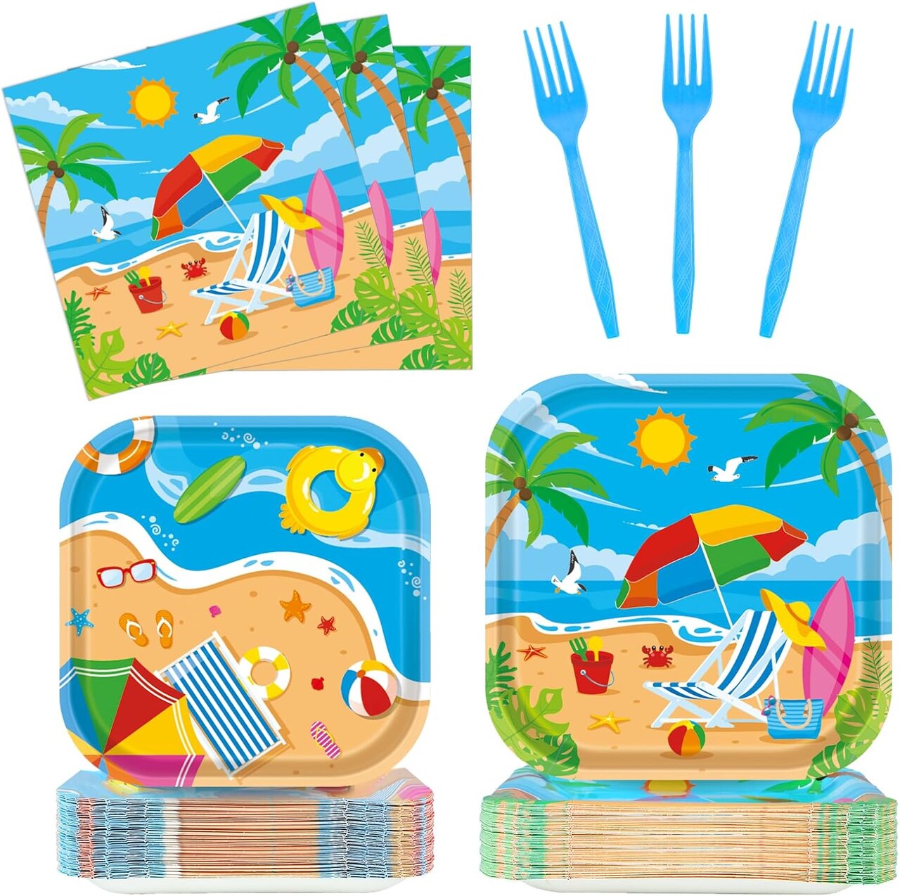 96Pcs Beach Party Supplies Summer Pool Party Paper Plates Napkins Forks Set